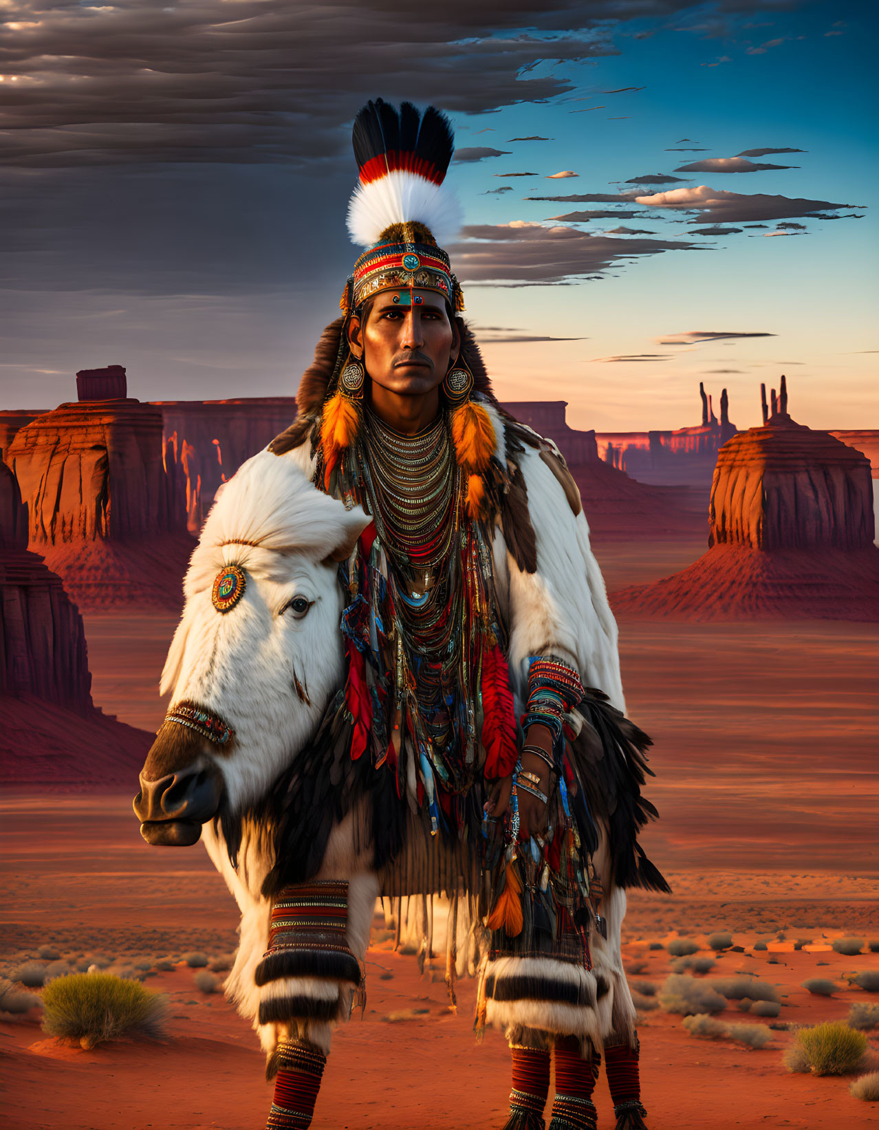 Native American man with white horse in desert landscape