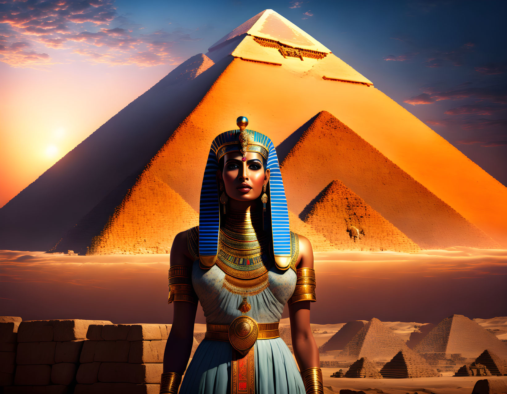 Digital artwork: Egyptian queen with headdress by Pyramids of Giza at sunset