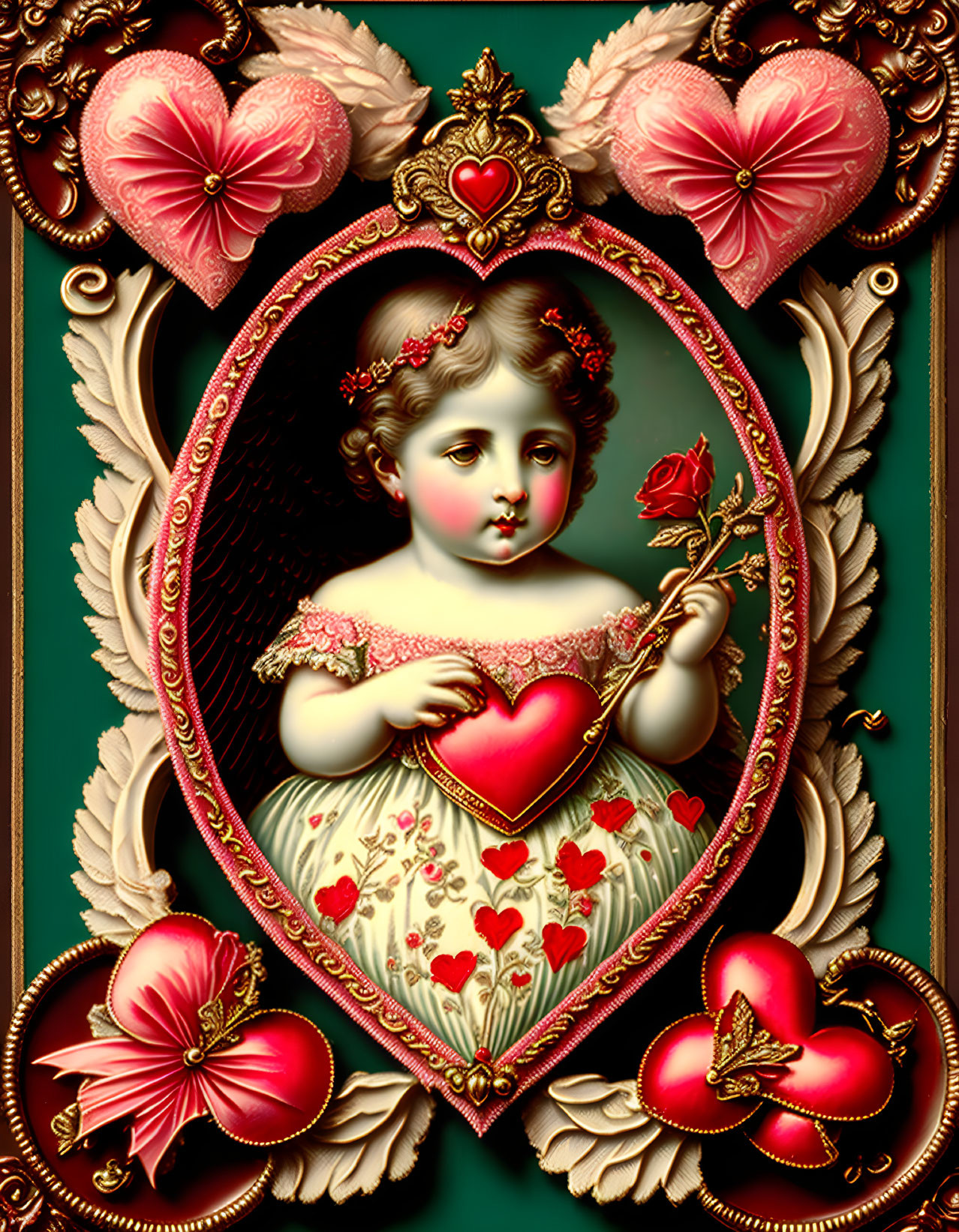 Vintage Illustration: Young Girl with Red Rose in Heart-Shaped Frame