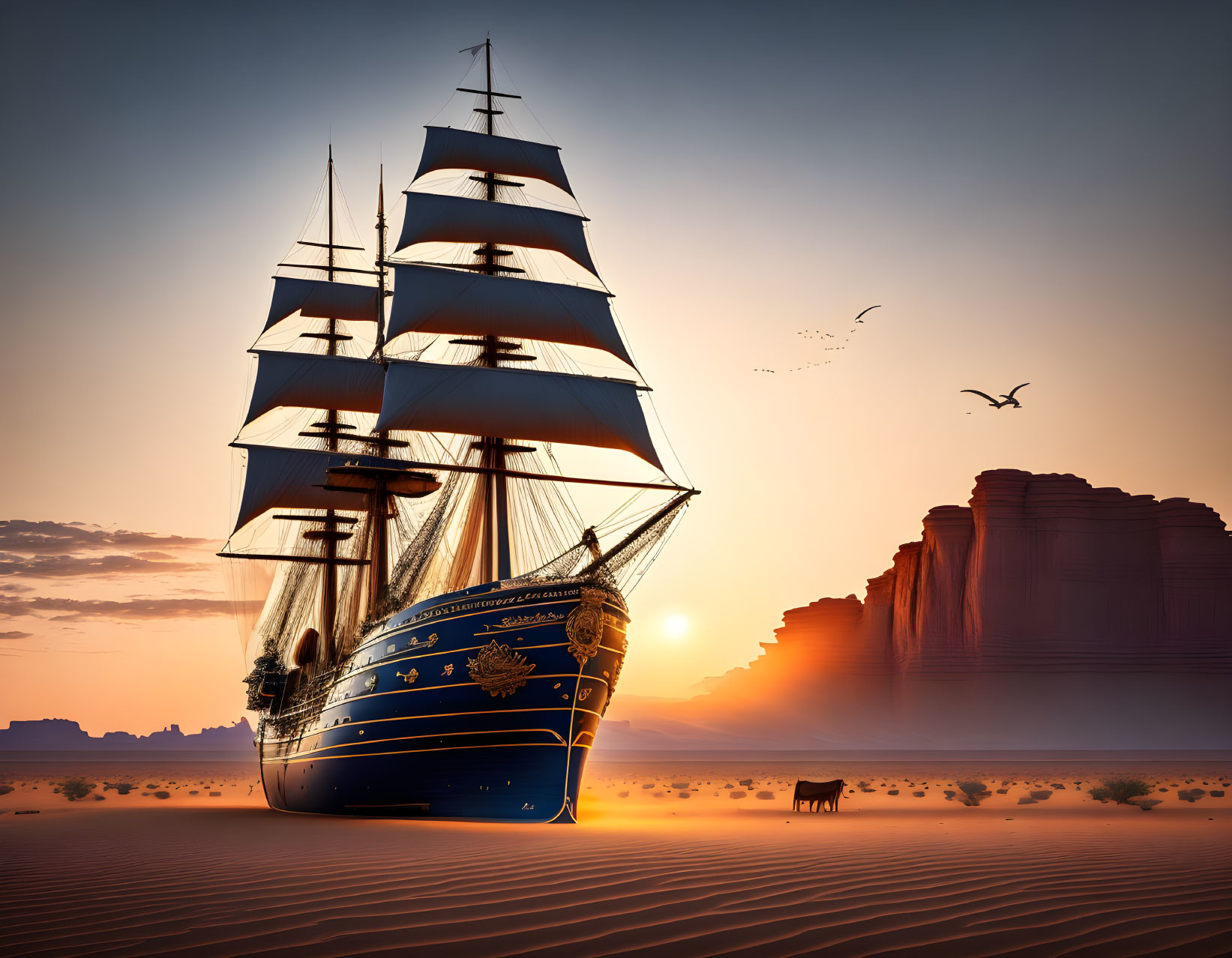 Elaborately detailed sailing ship in desert sunset with birds and horse