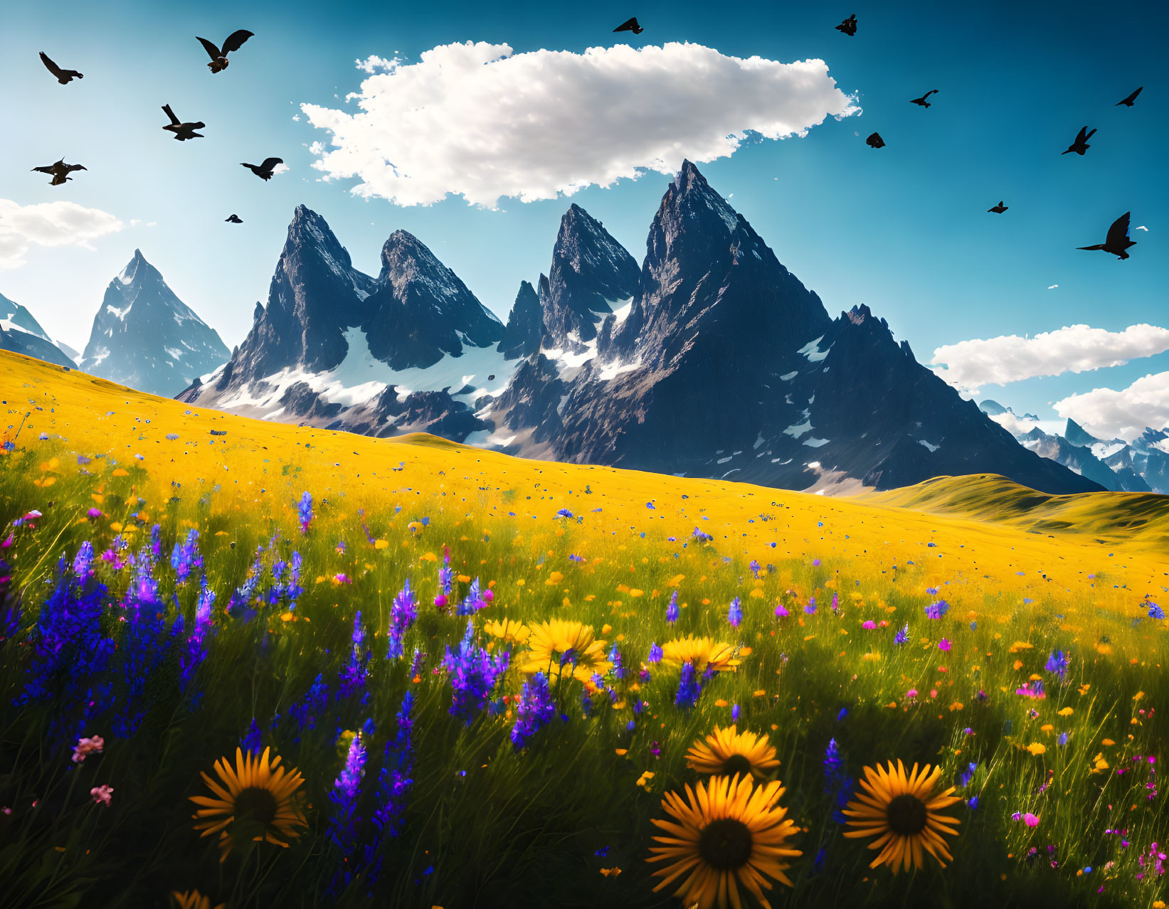 Majestic mountain peaks with wildflowers and blue sky