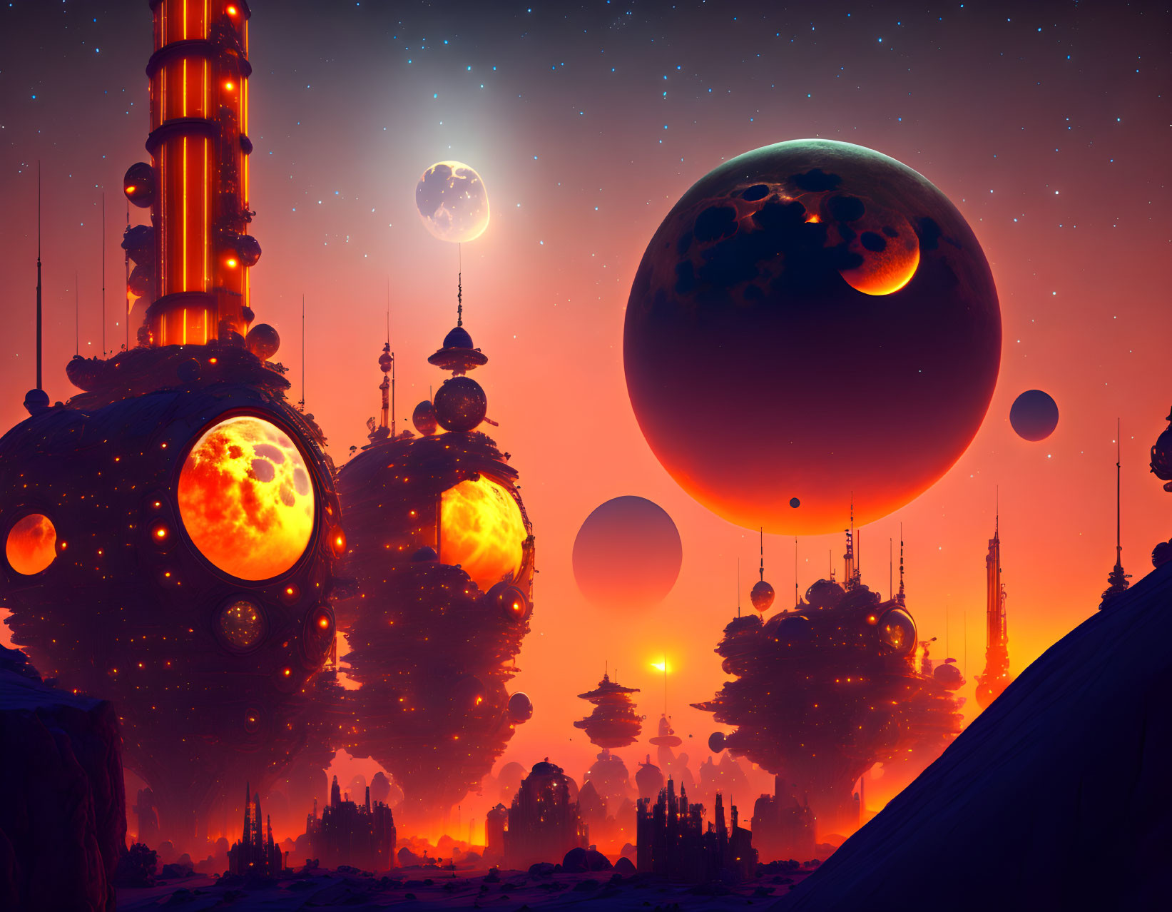 Futuristic sci-fi landscape with floating spheres, towers, moons, and red starry sky