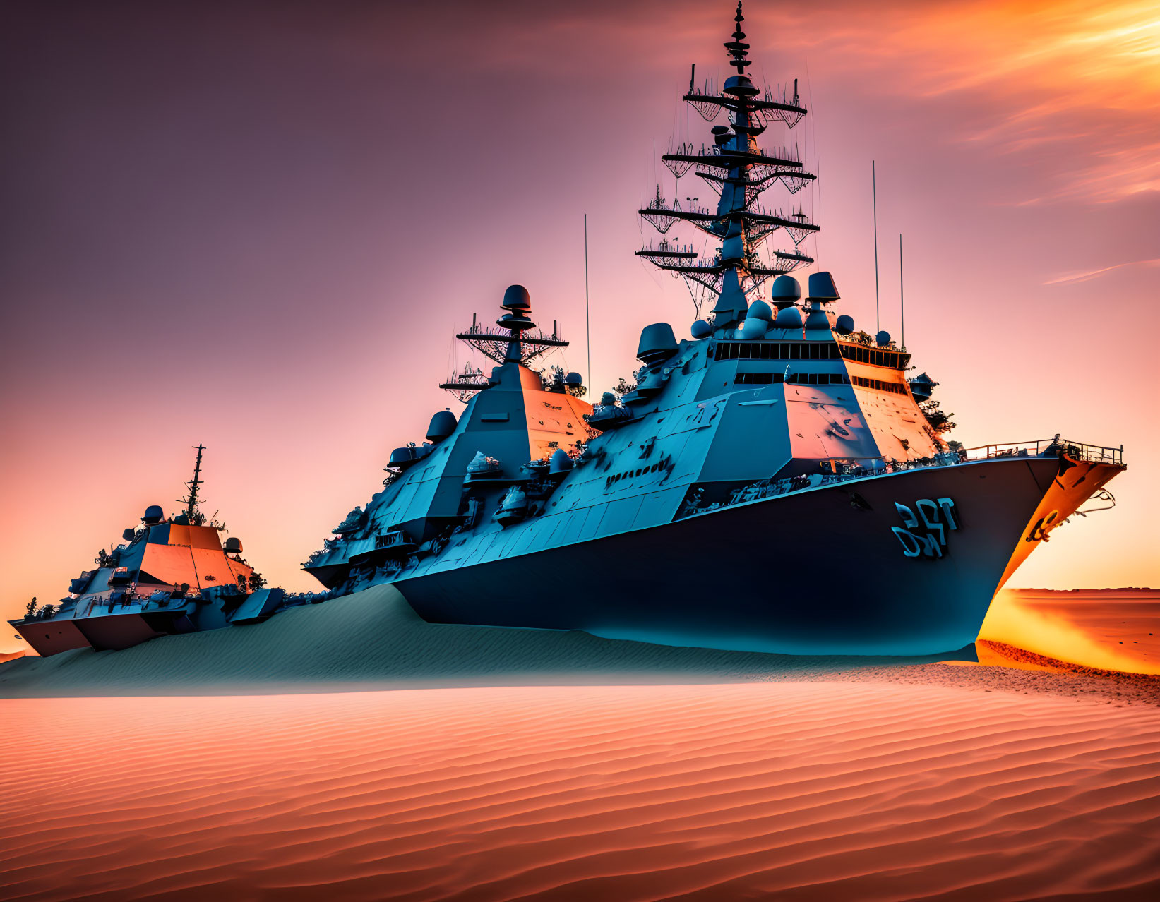 Military ships stuck in desert with dramatic sunset.