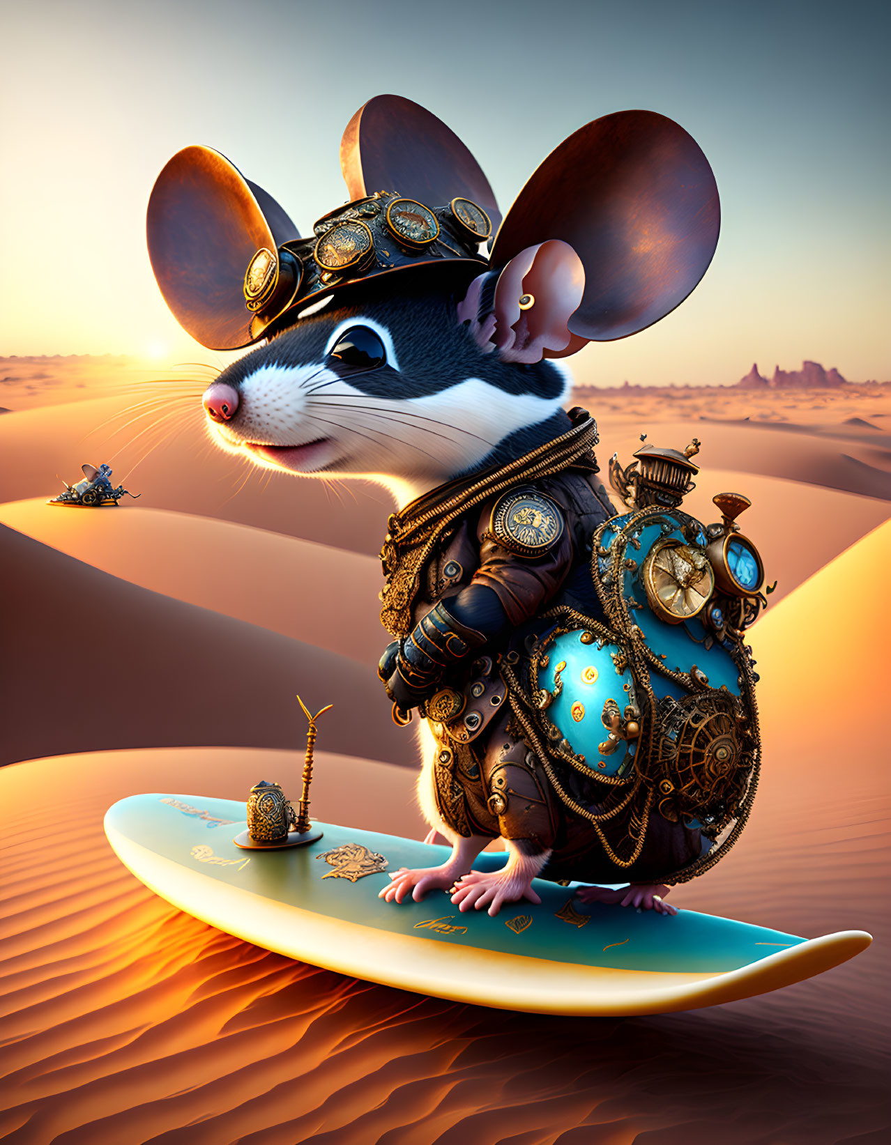Steampunk-style mice on surfboard in desert with gear-adorned armor.