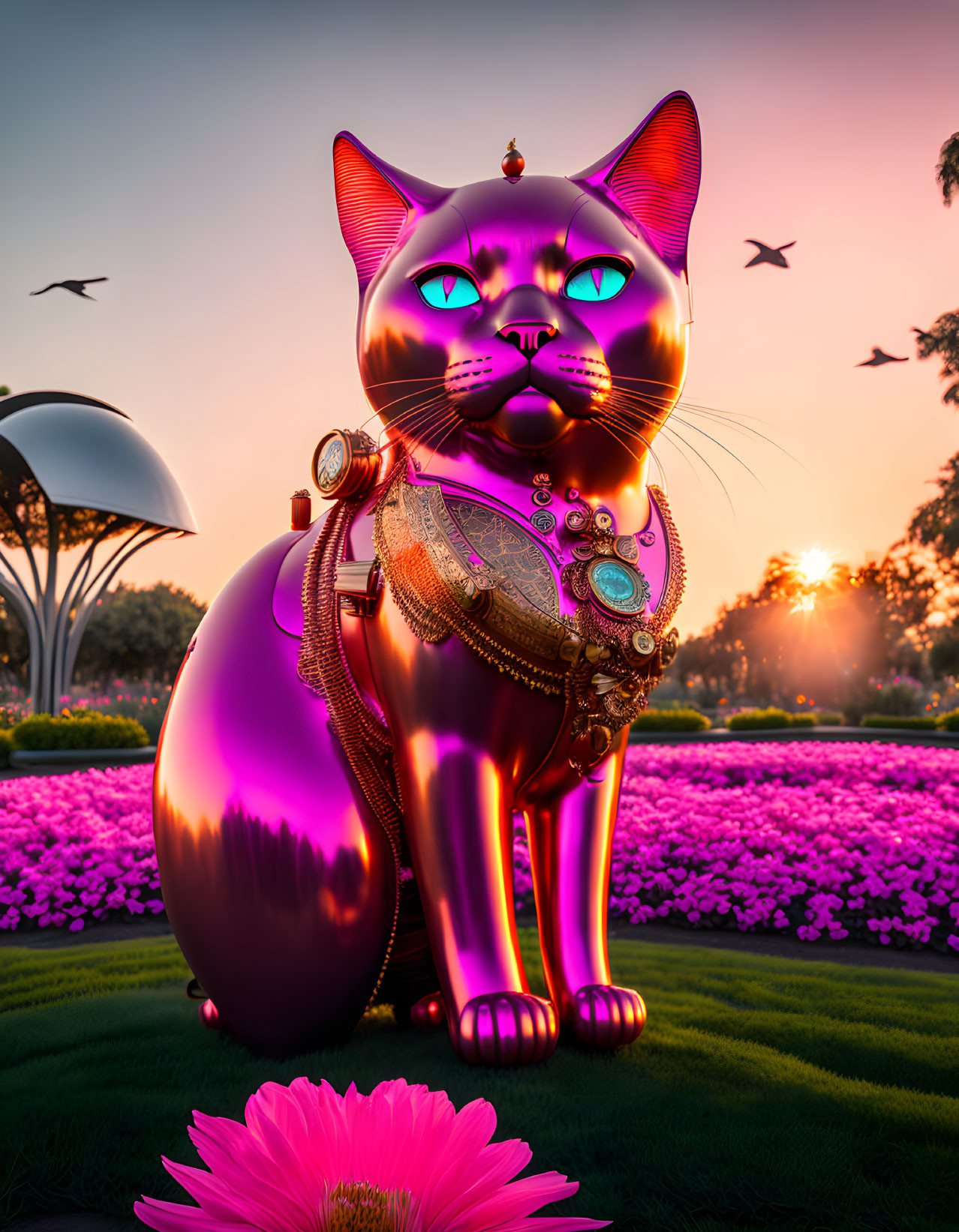 Majestic oversized purple cat with luxurious ornaments in vibrant sunset floral landscape