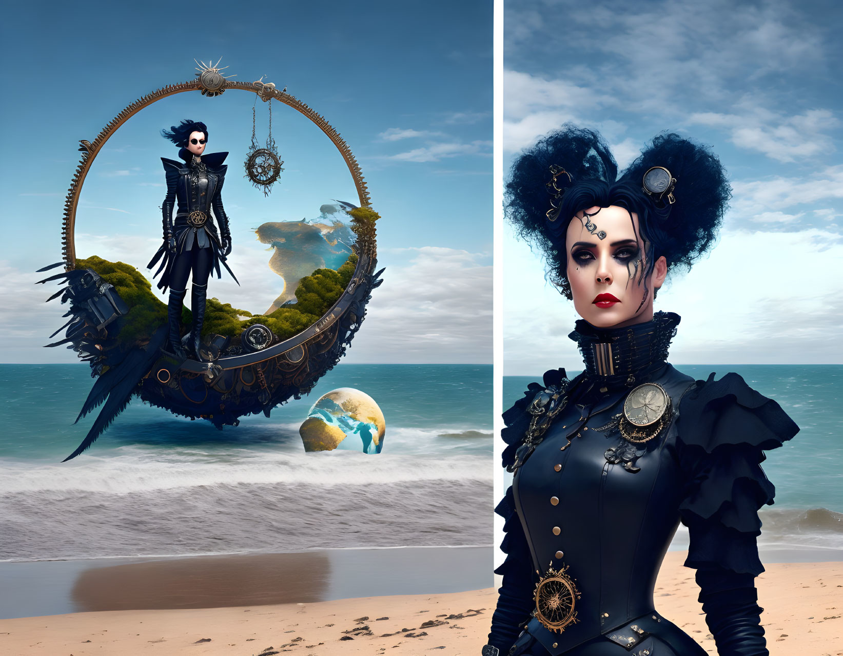 Steampunk-inspired portrait with mechanical elements on a beach.