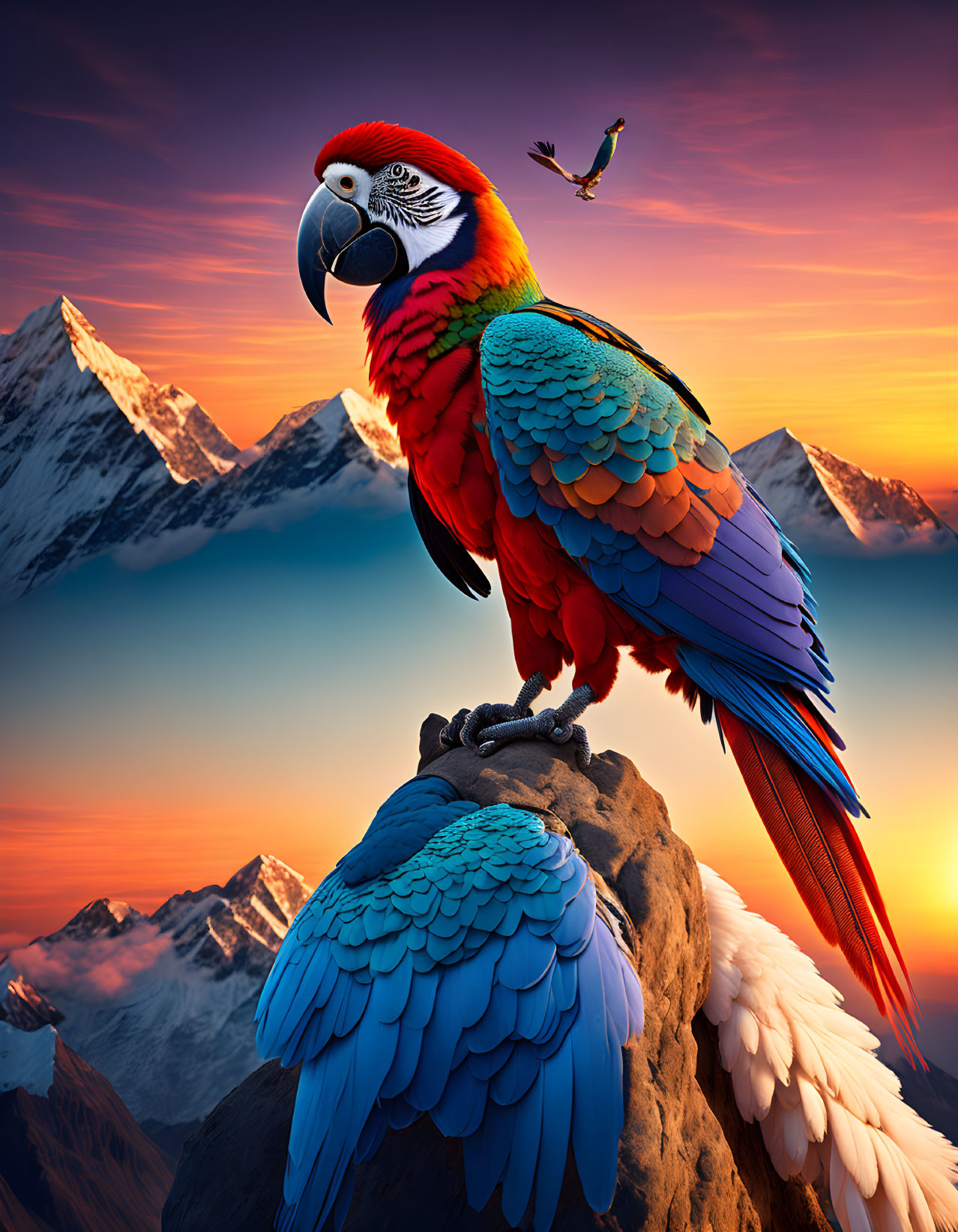 Colorful Macaw Perched with Snow-Capped Mountains at Sunset
