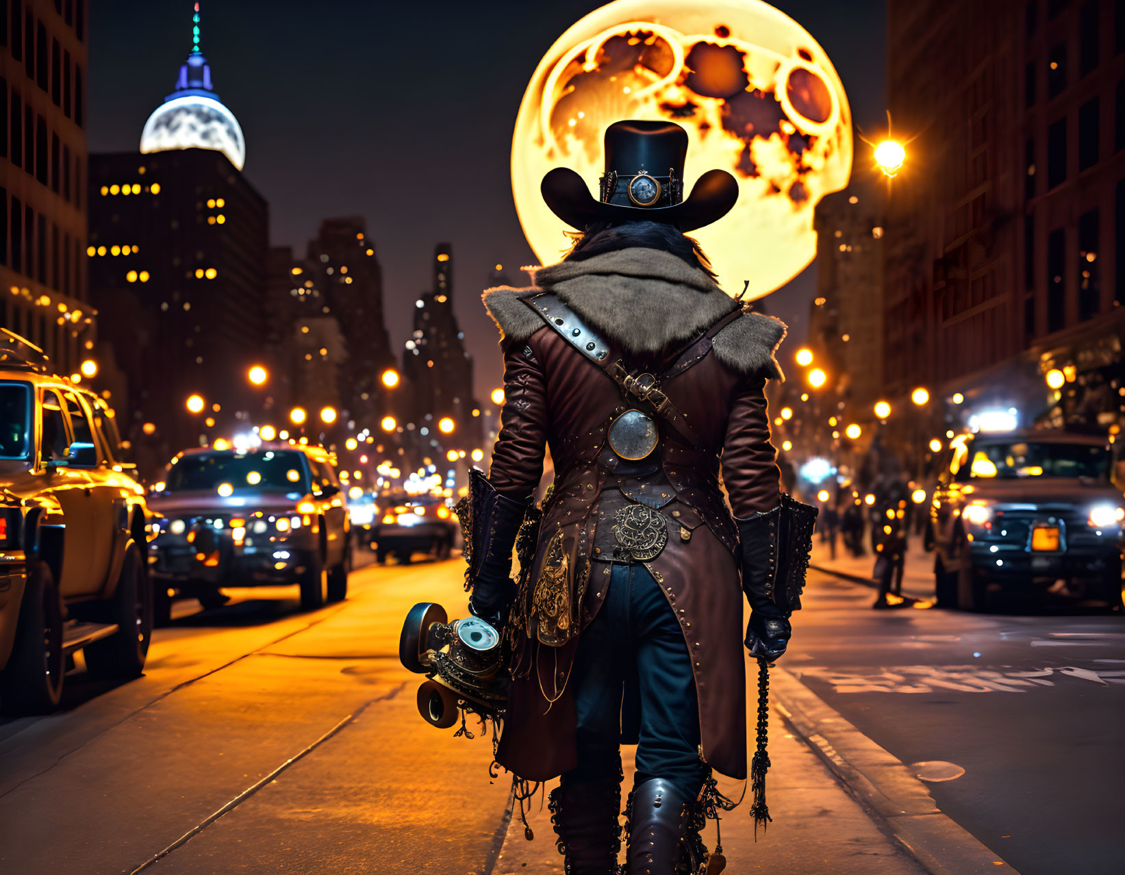 Steampunk person in top hat and goggles on city street at night with stylized moon