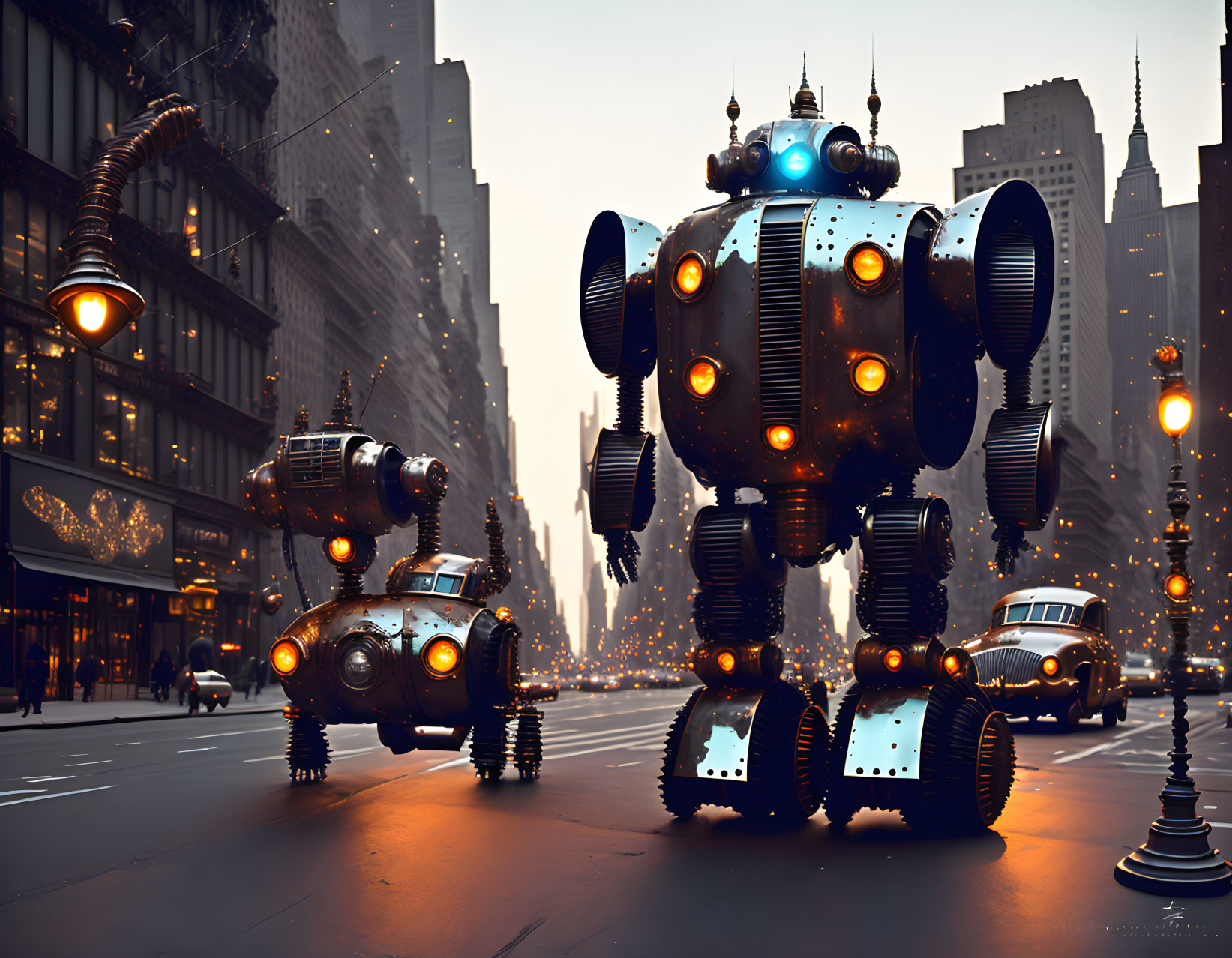 Two large retro-futuristic robots with glowing lights in a city street scene.
