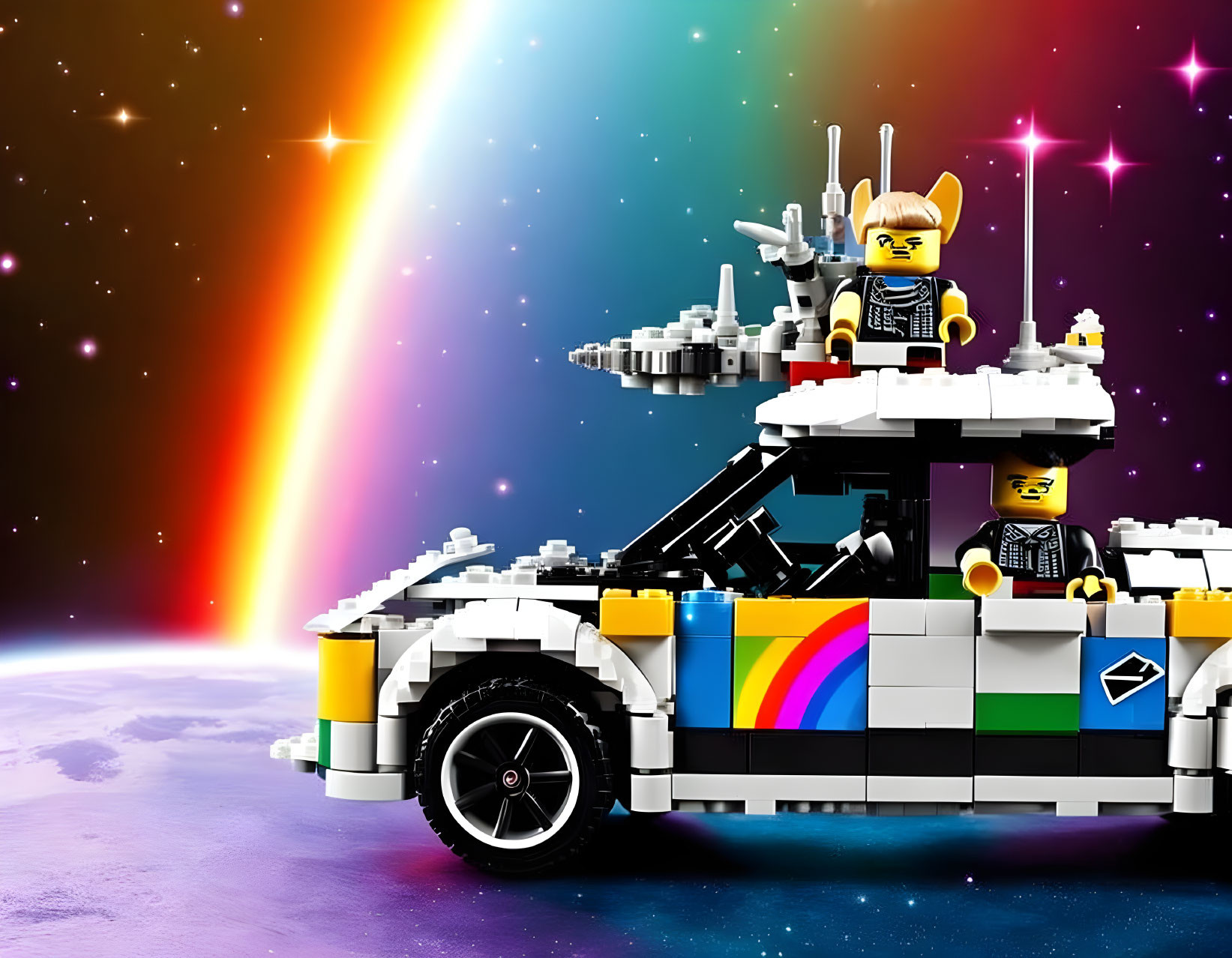 Futuristic space LEGO set with car, minifigures, and cosmic backdrop