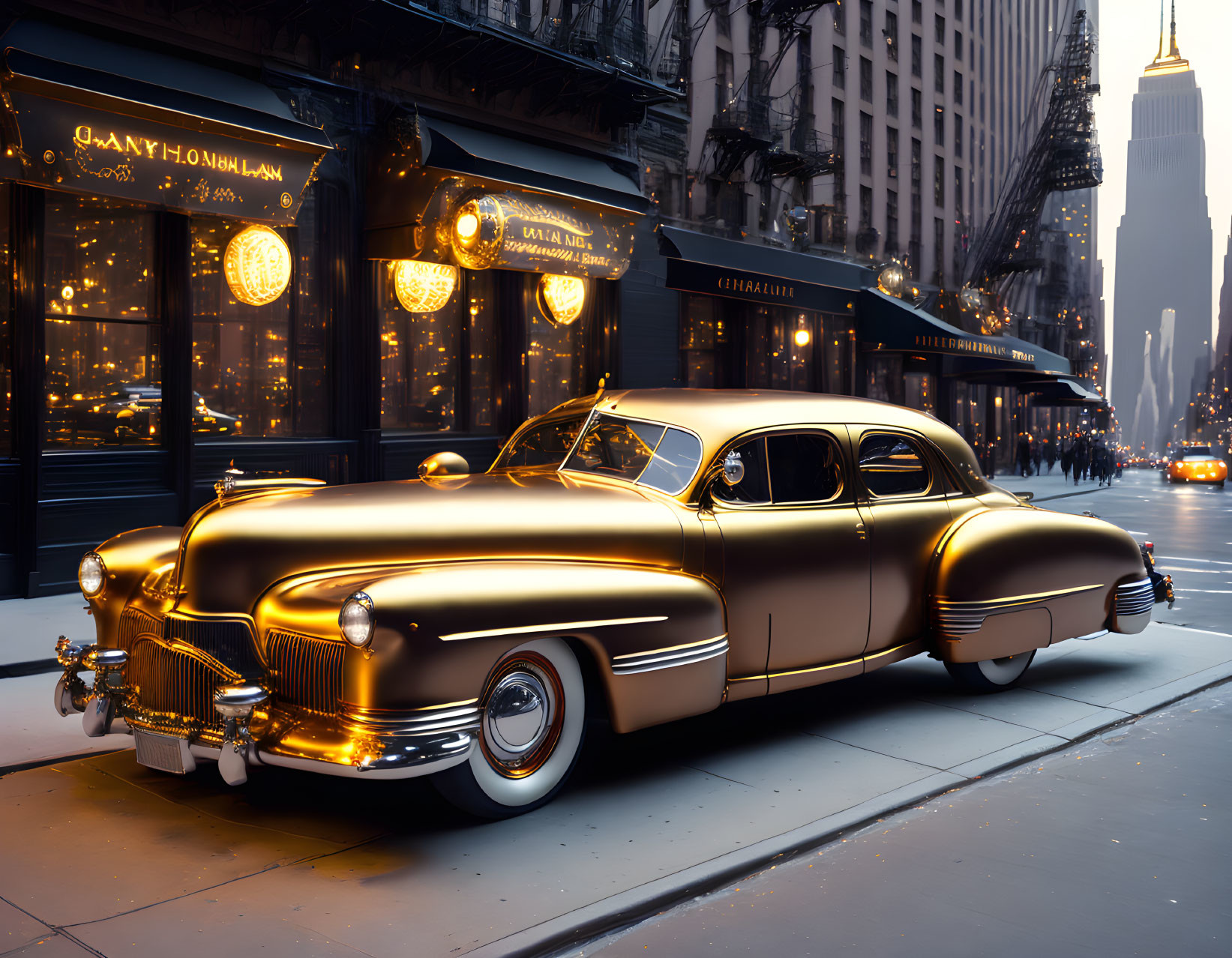 Classic Car Parked on City Street at Dusk with Urban Buildings and Shop Fronts