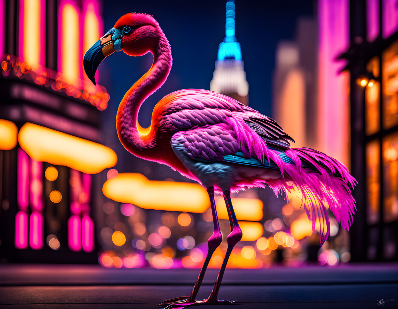 Colorful flamingo with city lights and iconic tower in background