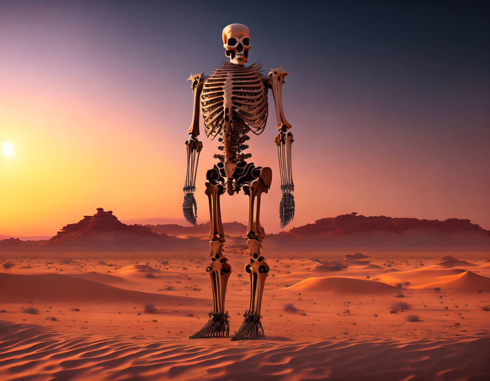 Human skeleton in desert with sand dunes and setting sun.