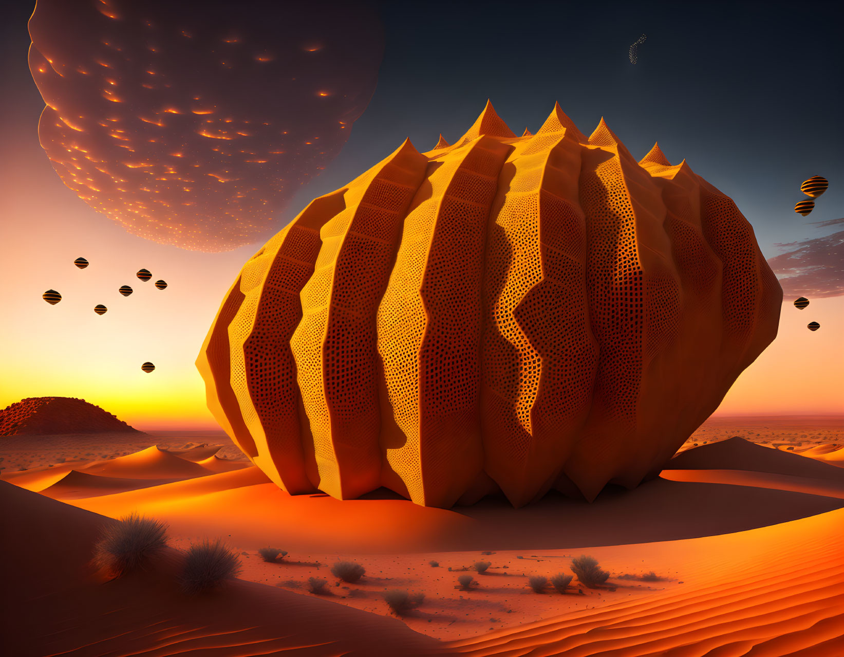 Surreal desert landscape: honeycomb structure, floating rocks, orbs