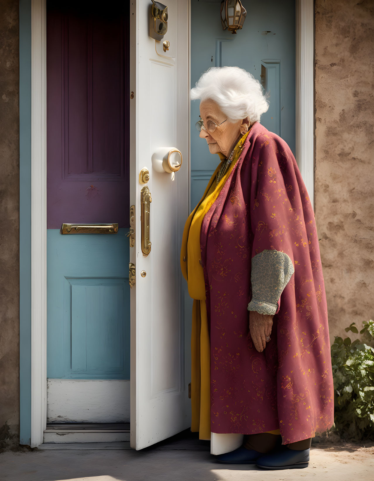 Elderly woman with white hair by open blue door.