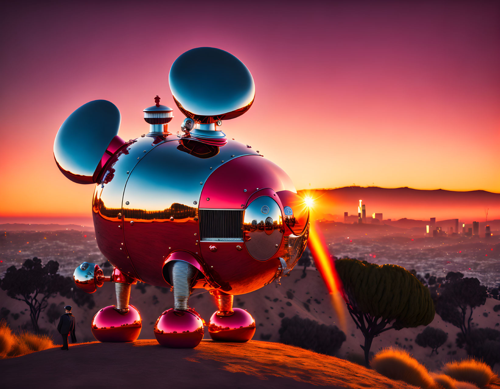 Futuristic spherical red vehicle with round appendages overlooking city at sunset