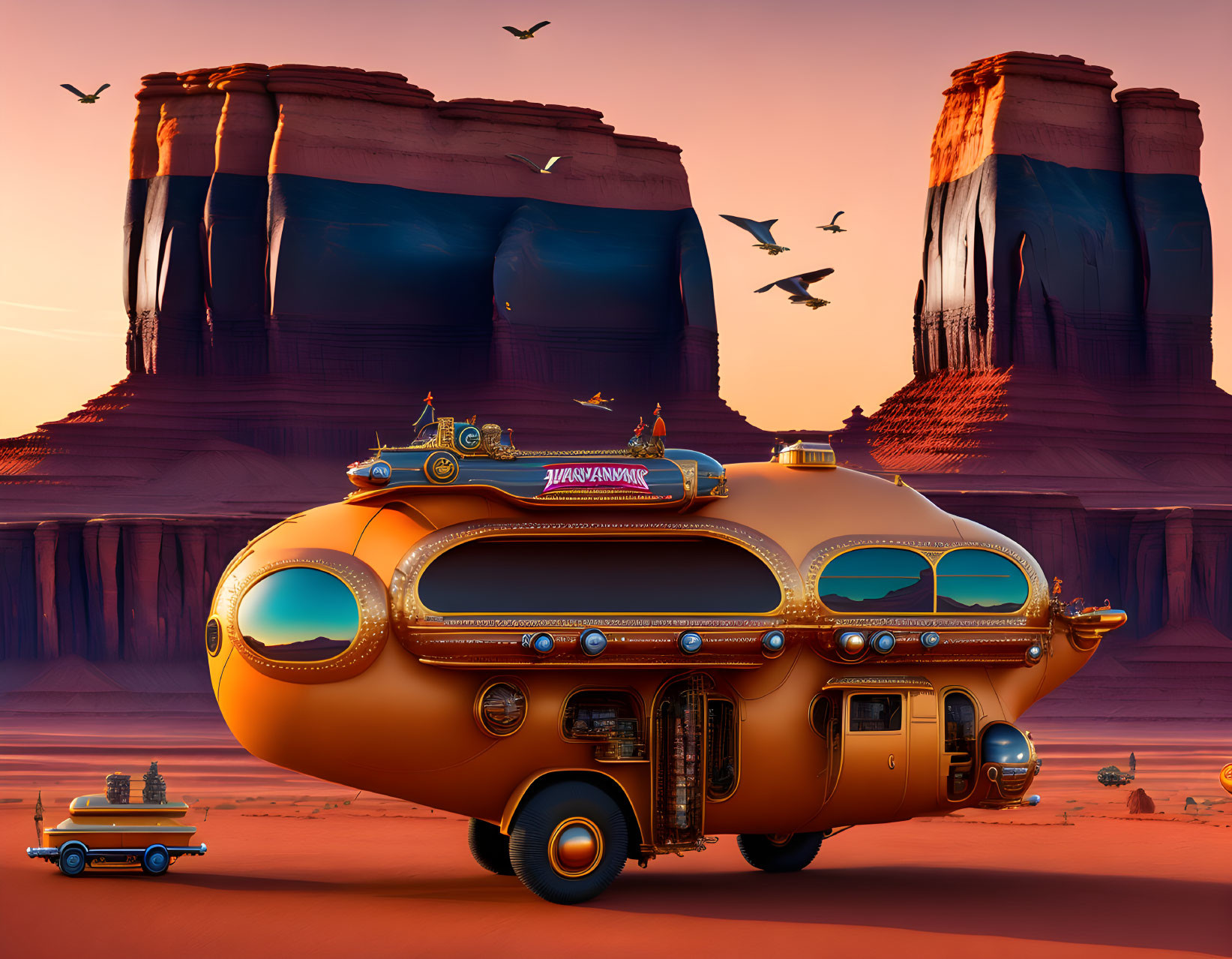 Yellow submarine-shaped bus in desert with red rocks and birds.