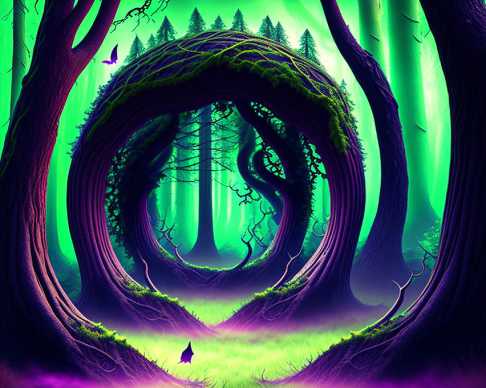 Vibrant purple and green forest scene with twisted trees and glowing butterflies