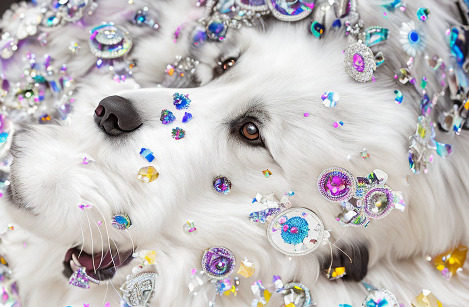 White Dog's Face Decorated with Colorful Sequins and Jewels