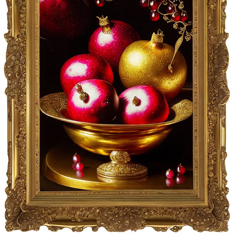 Baroque-style framed still life painting of red and gold apples in golden bowl