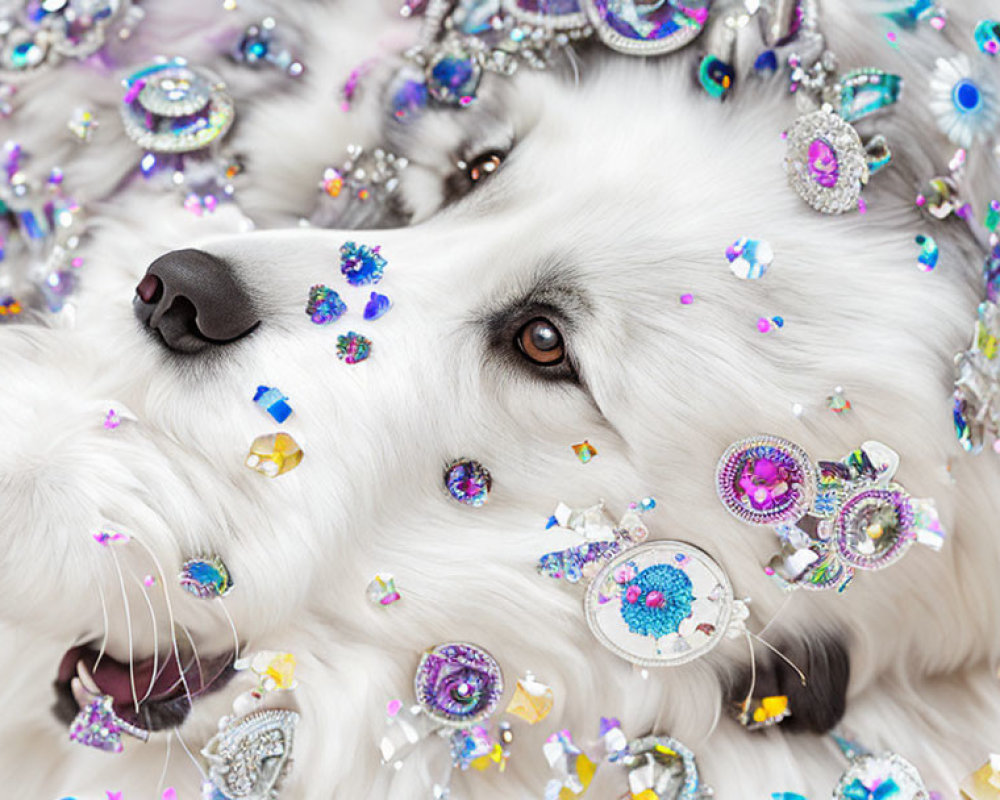 White Dog's Face Decorated with Colorful Sequins and Jewels