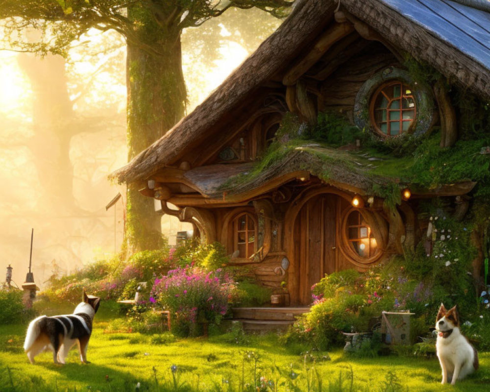 Thatched Roof Wooden House in Greenery with Dog