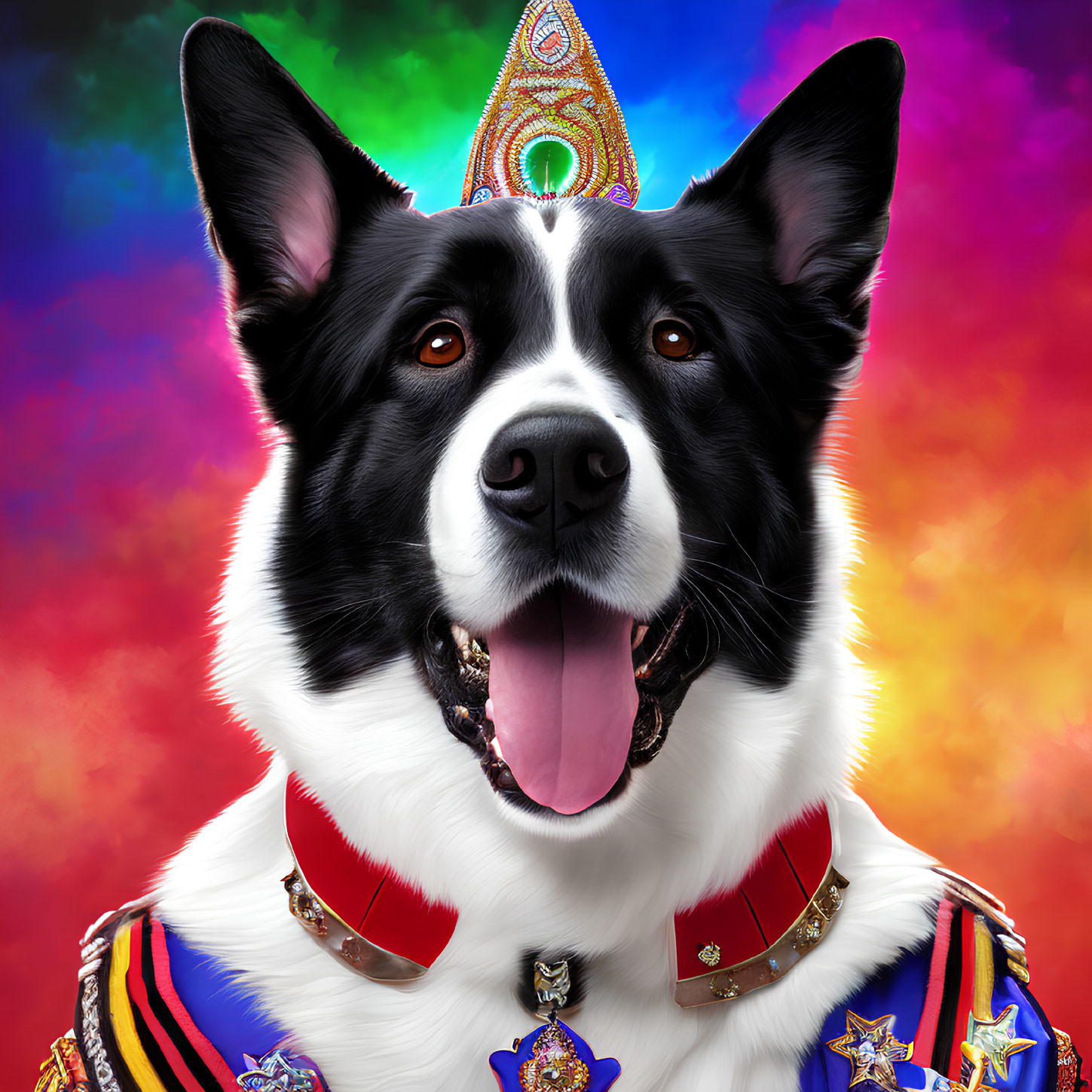 Colorful Royal Outfit Border Collie with Medals on Rainbow Background