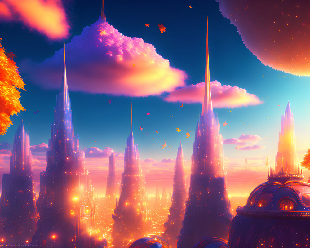 Fantastical cityscape with towering spires and floating islands at sunset