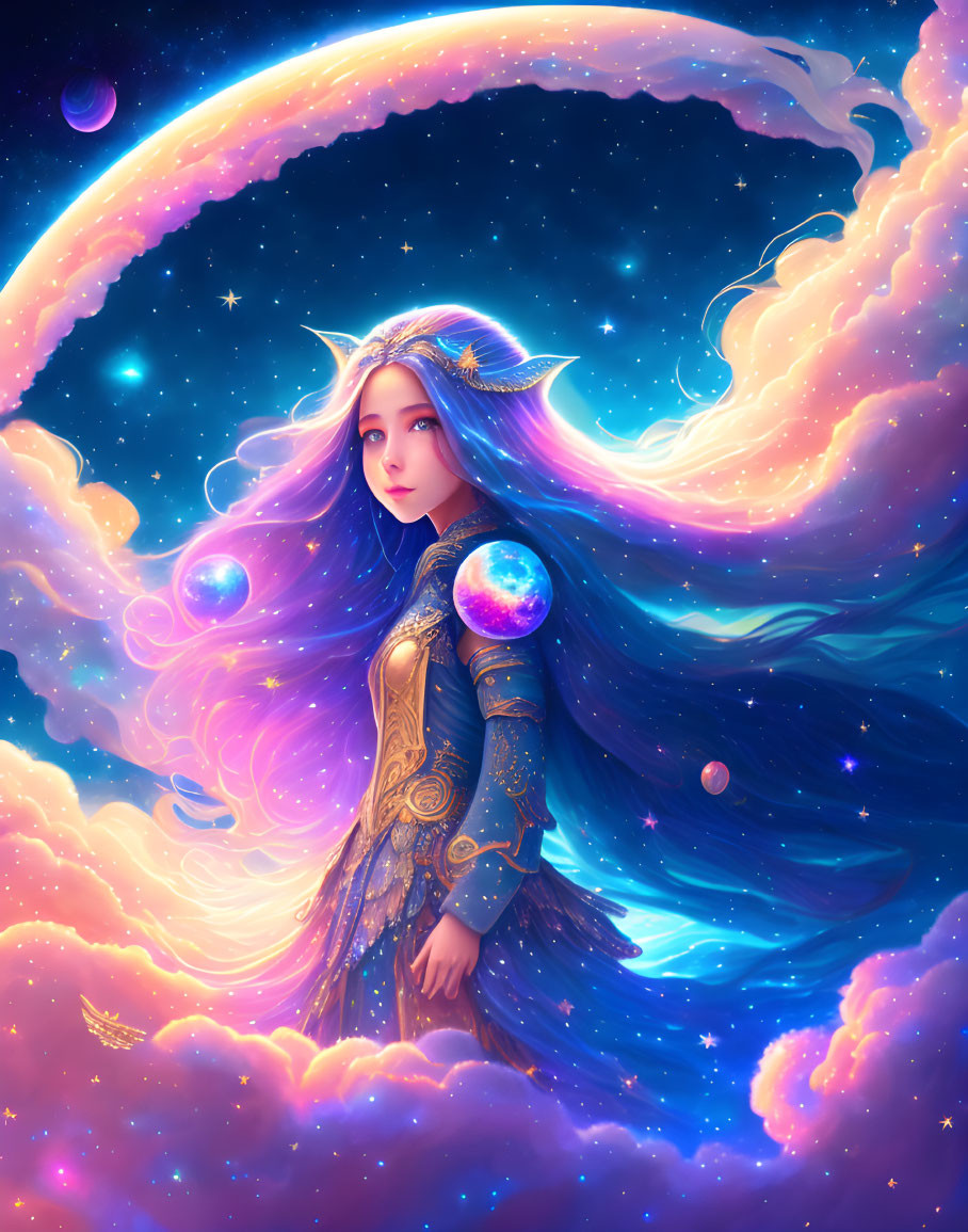 Fantasy female character in ornate armor under cosmic sky