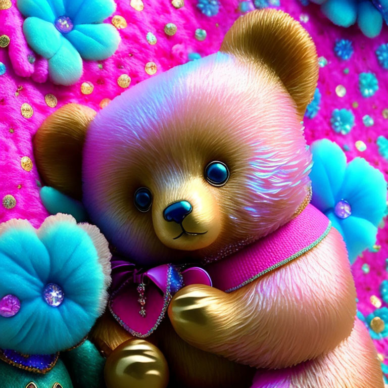 Vibrant gold and pink teddy bear with blue flowers on magenta background