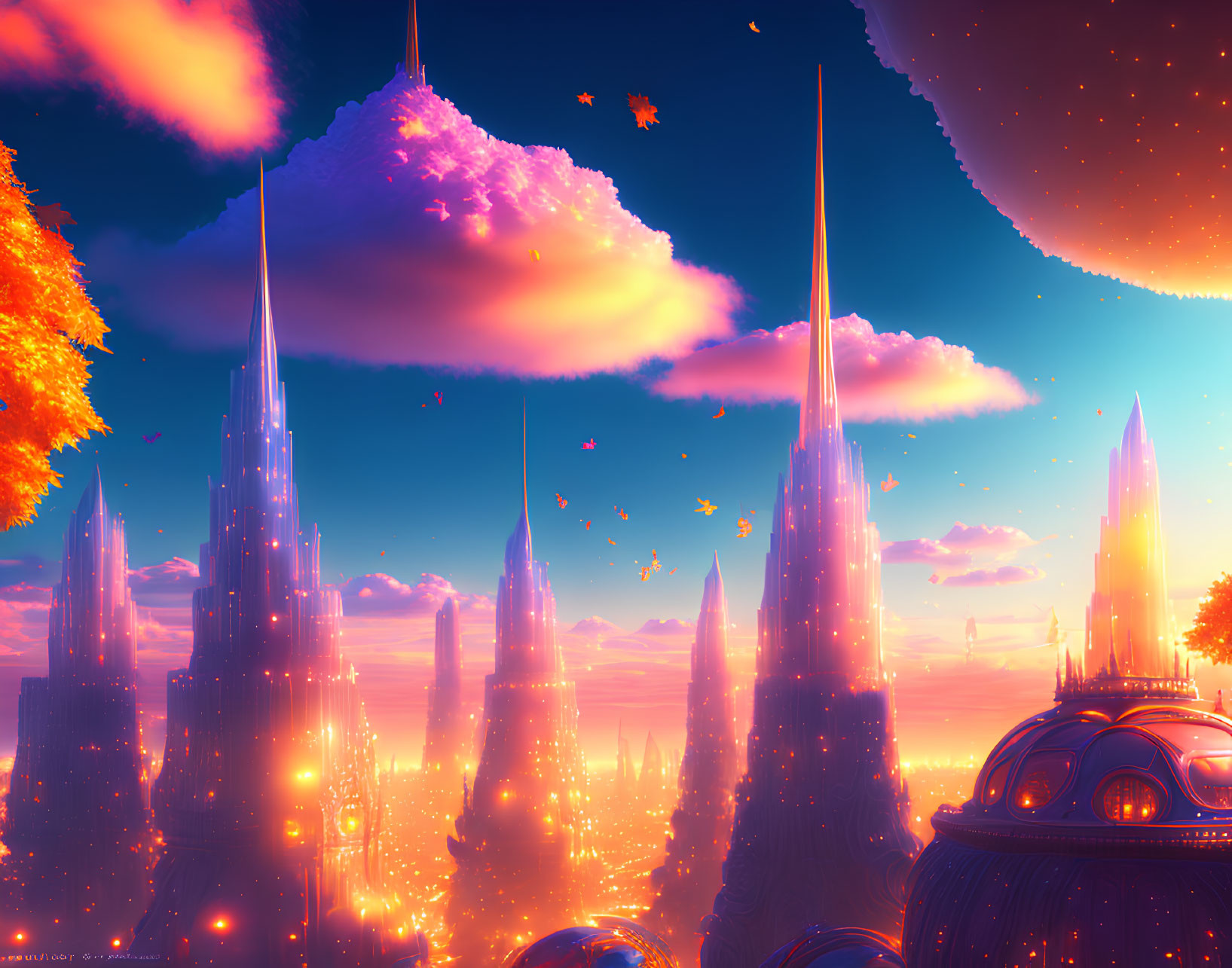 Fantastical cityscape with towering spires and floating islands at sunset