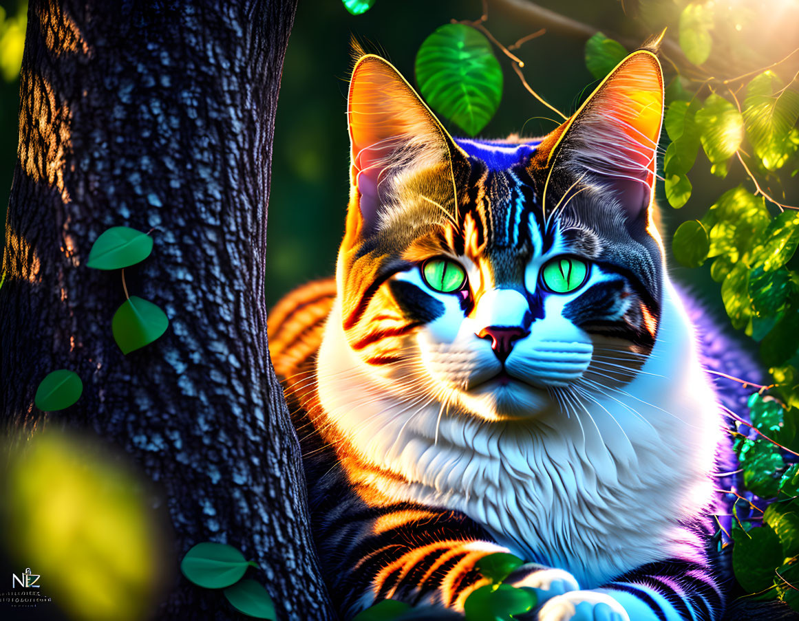 Colorful Illustration of Large Cat with Green Eyes Beside Tree