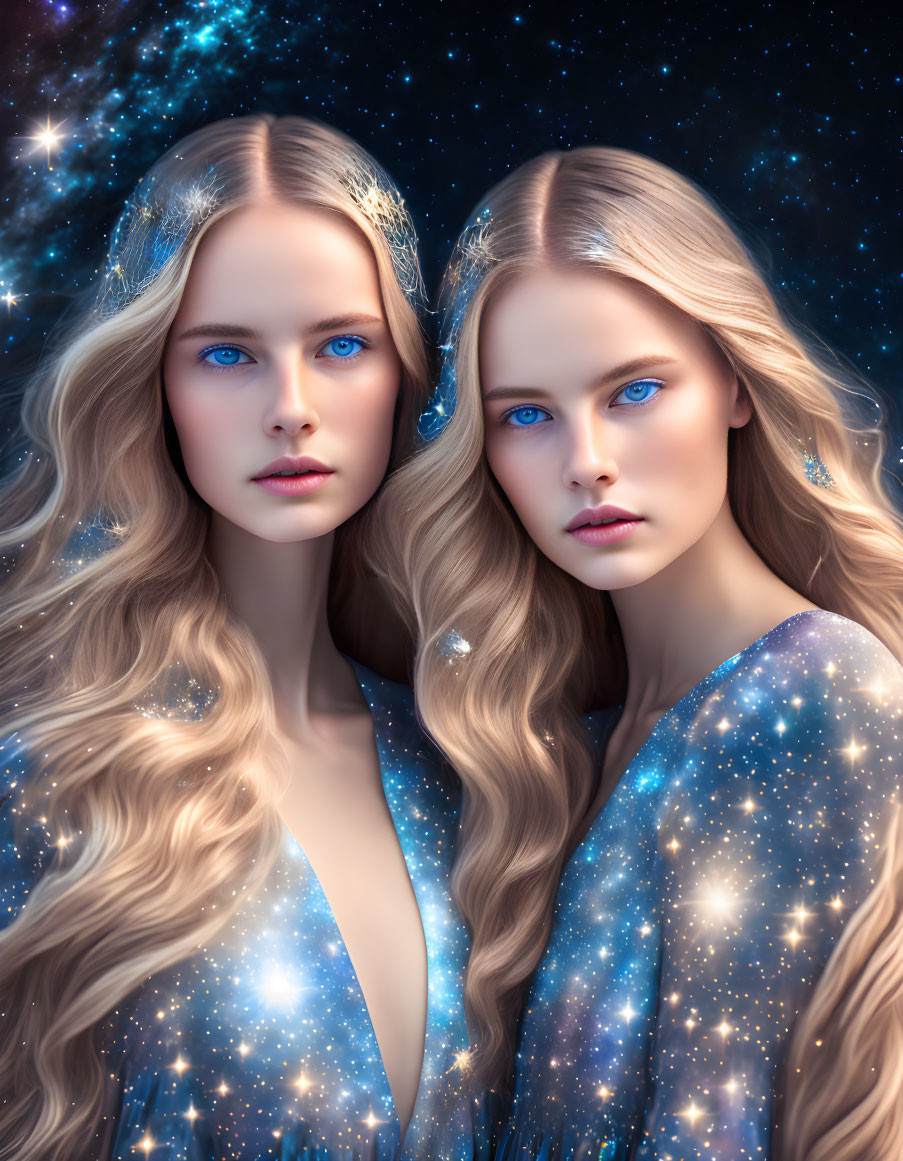Blonde Twin Women in Starry Dresses Against Cosmic Background