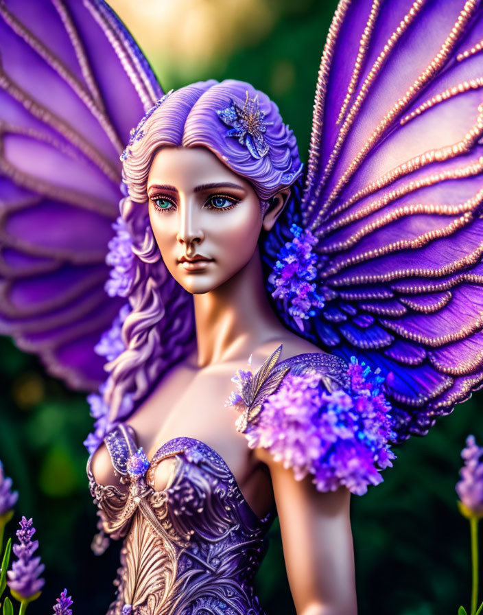 Fantasy digital artwork: Violet butterfly wings, floral decorations, nature background