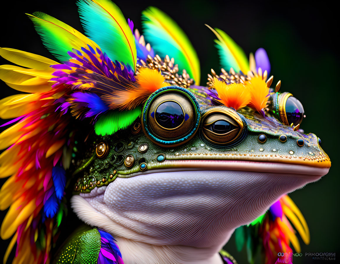 Colorful Frog with Feathers and Beads: Fantasy Creature Image