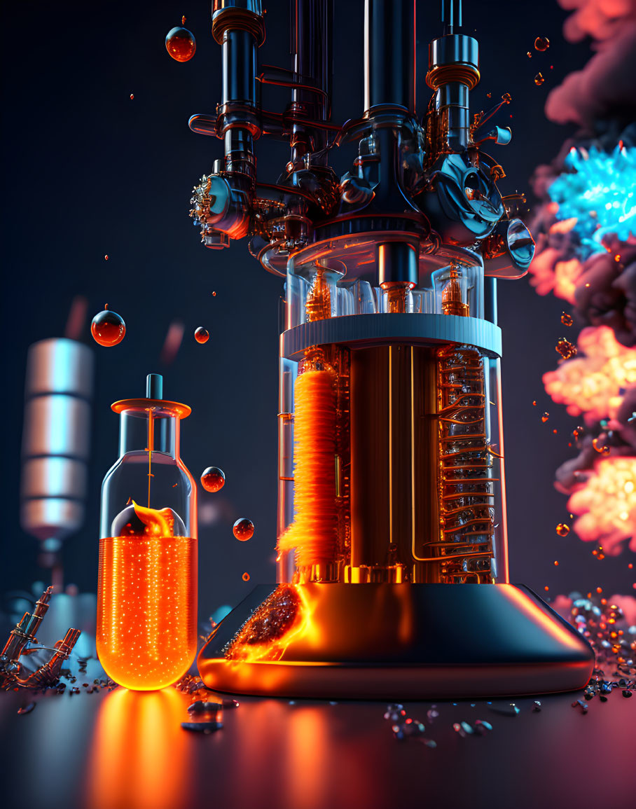Sci-fi laboratory setup with glowing orange liquid and intricate piping