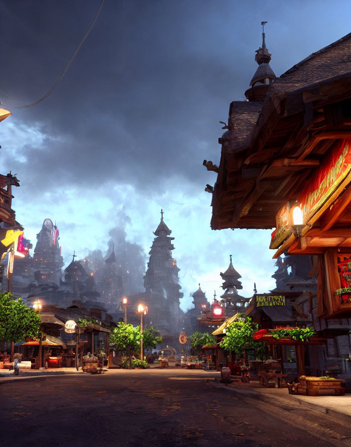 Asian-inspired fantasy town street at dusk with traditional buildings and temple.