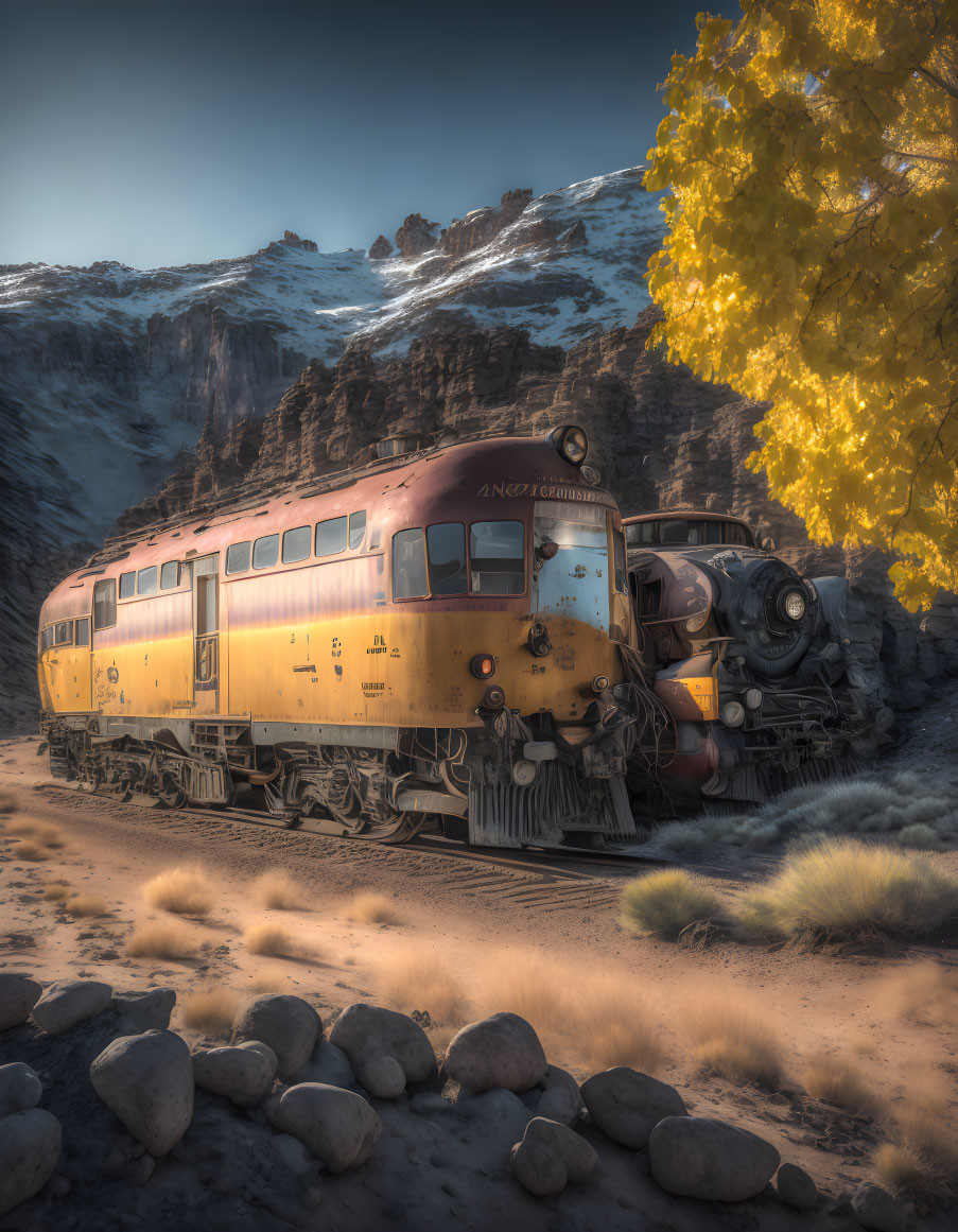 Vintage Train on Rocky Terrain Surrounded by Autumn Trees and Mountain