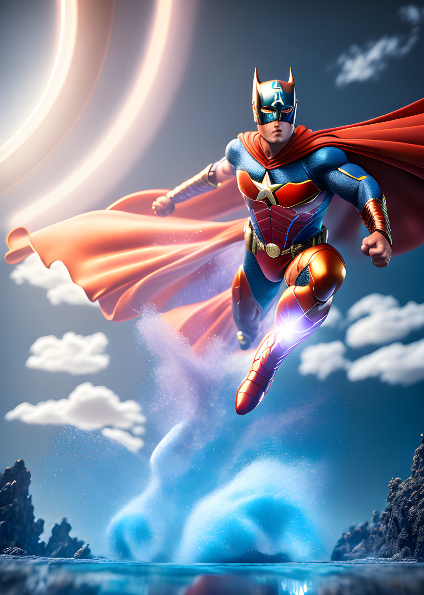 Superhero with red cape flying over water in vibrant illustration