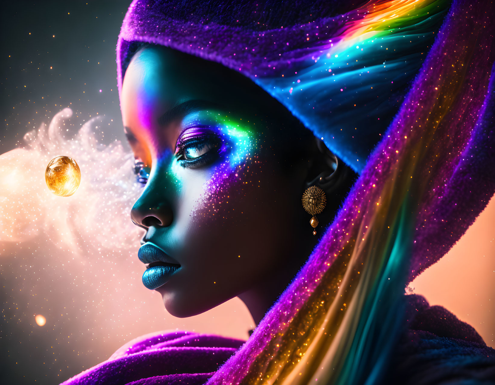 Colorful cosmic makeup portrait of a woman with starry headwrap in space-themed setting