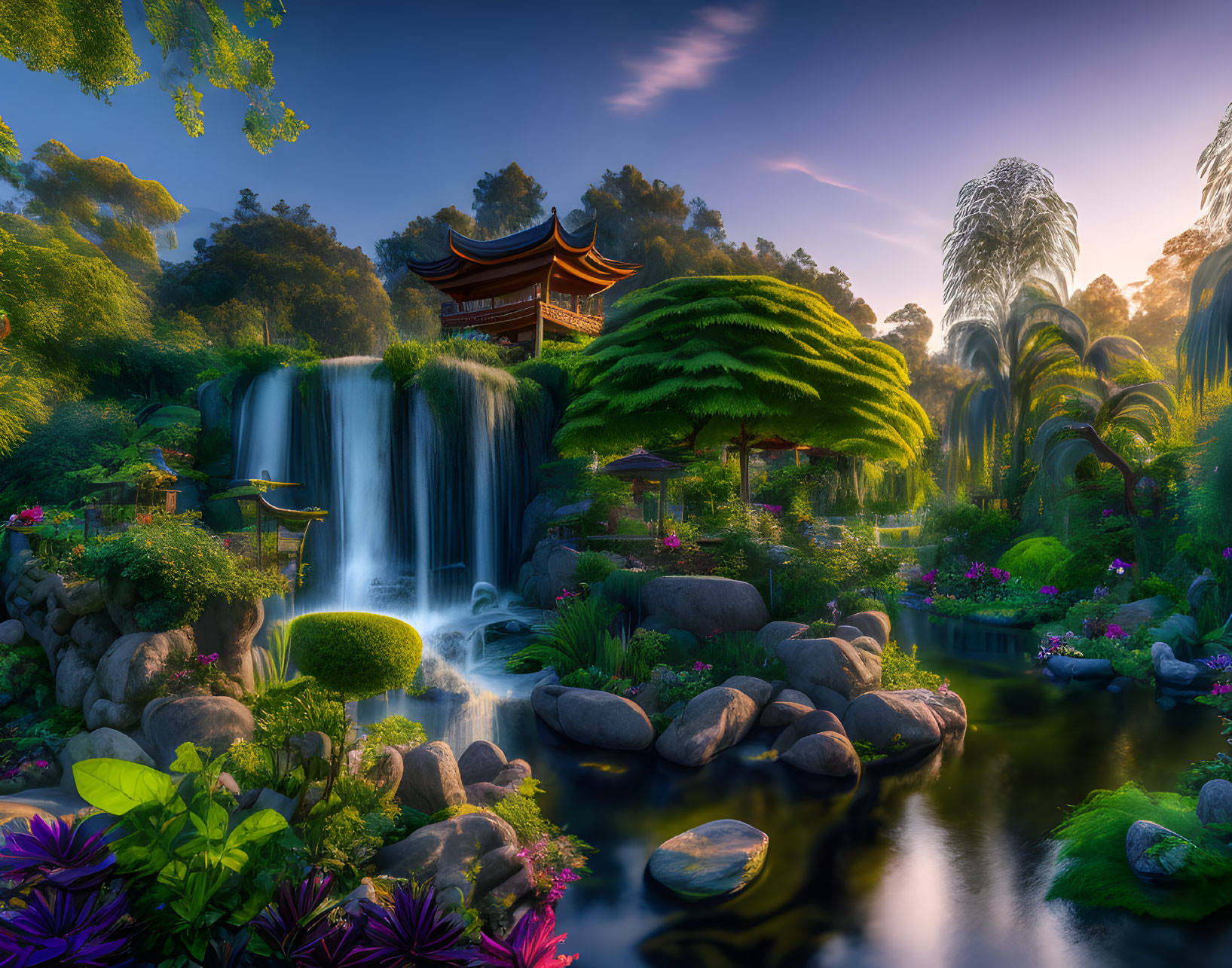 Tranquil Asian Garden with Waterfall, Pagoda, and Pond at Sunset