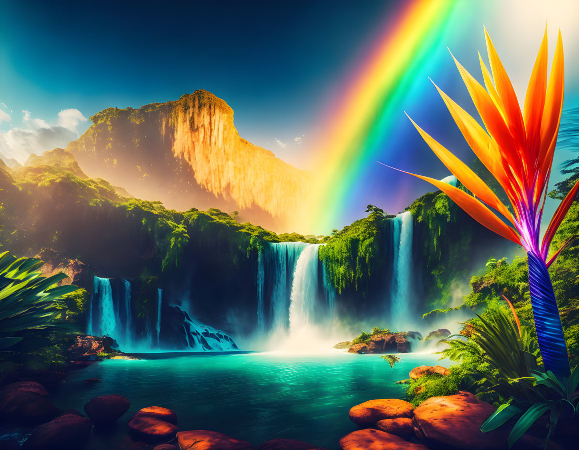 Colorful tropical waterfall with cascades, cliffs, rainbow, and foliage