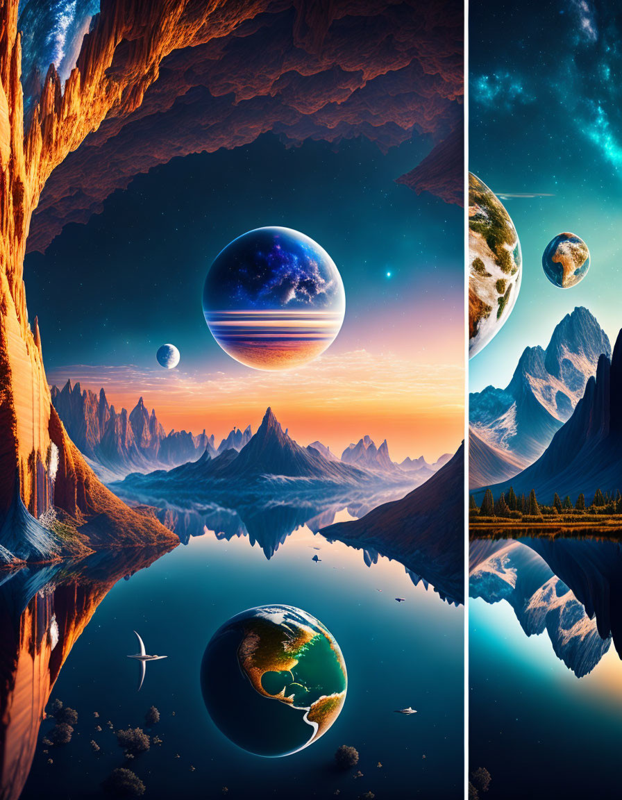 Vibrant surreal landscape with mountains, lake, and celestial bodies