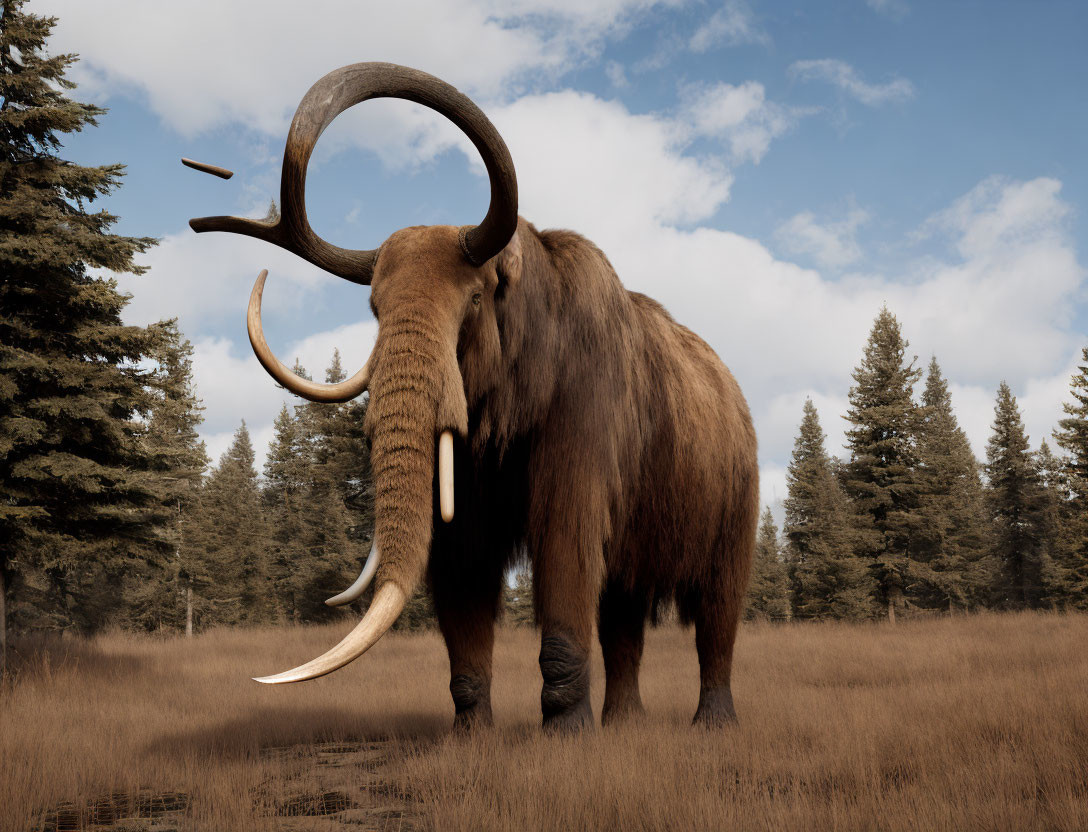 Prehistoric woolly mammoth in grassy field with curved tusks
