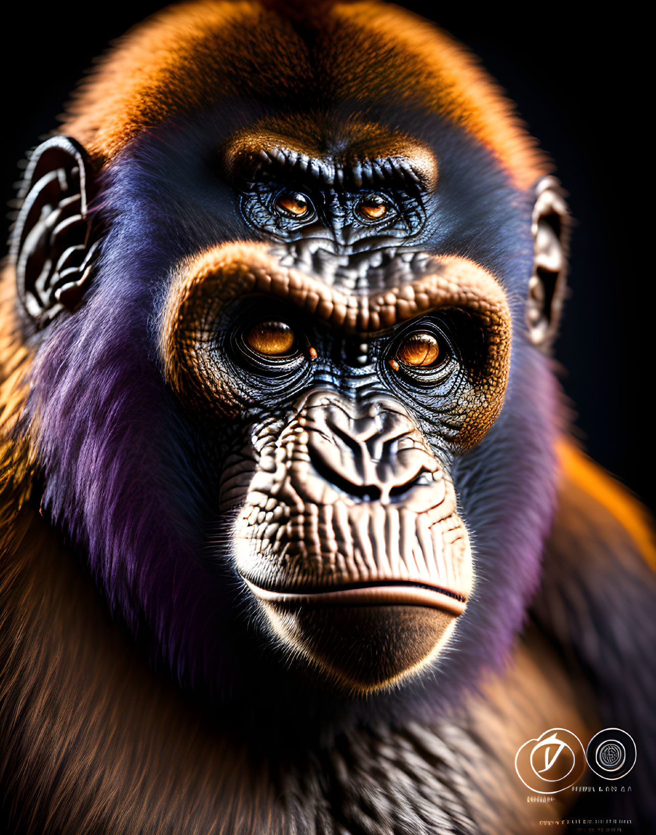 Detailed colorful digital gorilla portrait with intense eyes and intricate facial textures