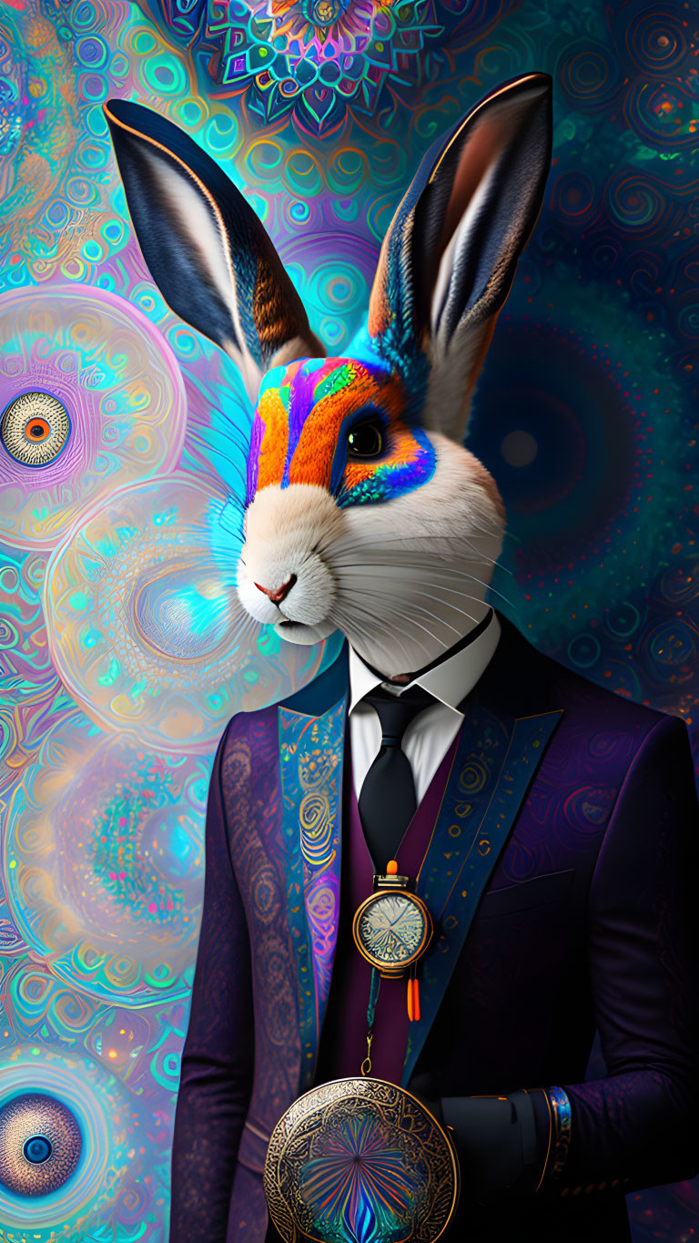 Colorful Anthropomorphic Rabbit in Suit with Medal on Psychedelic Fractal Background