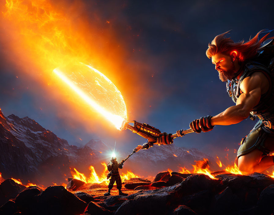 Warrior with glowing hammer battles on volcanic terrain