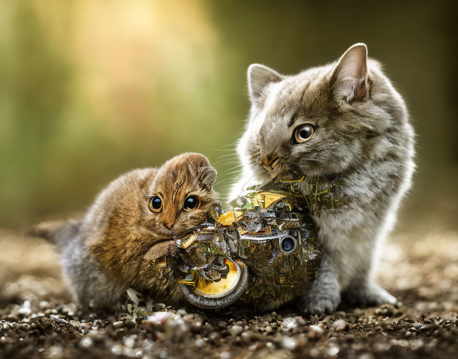 Fluffy kittens exploring golden globe on gravel with warm backlighting