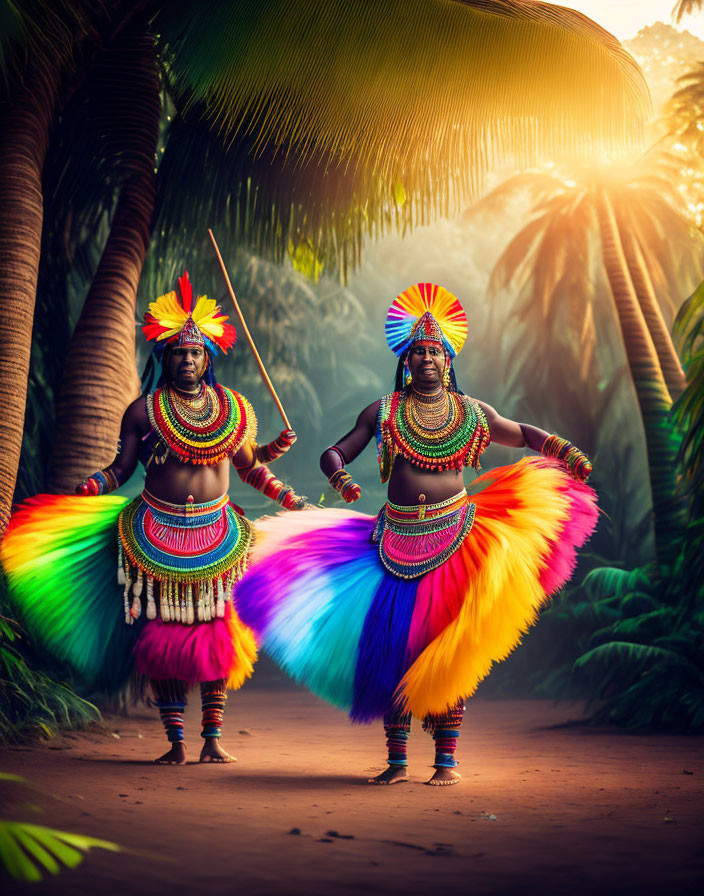 Vibrant traditional feather costumes dance under tropical foliage