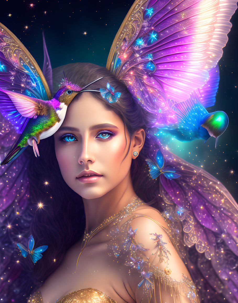 Fantastical portrait of woman with butterfly wings and hummingbirds in starry setting